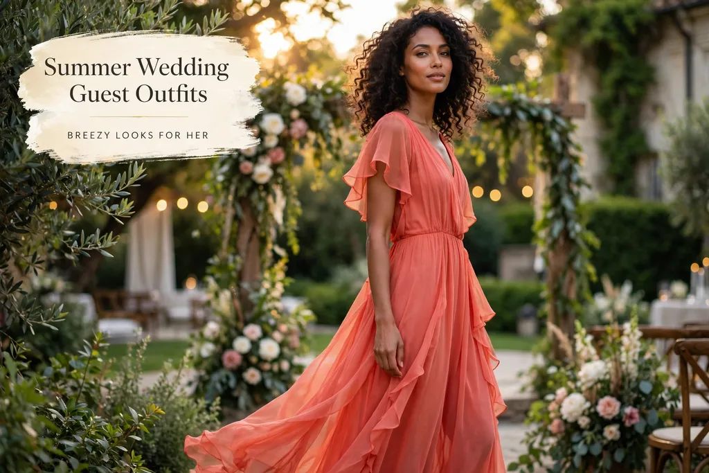 Summer wedding guest outfits for women, coral chiffon maxi dress at a golden-hour wedding
