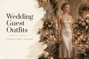 Wedding guest outfits for women, champagne satin slip dress at an elegant reception