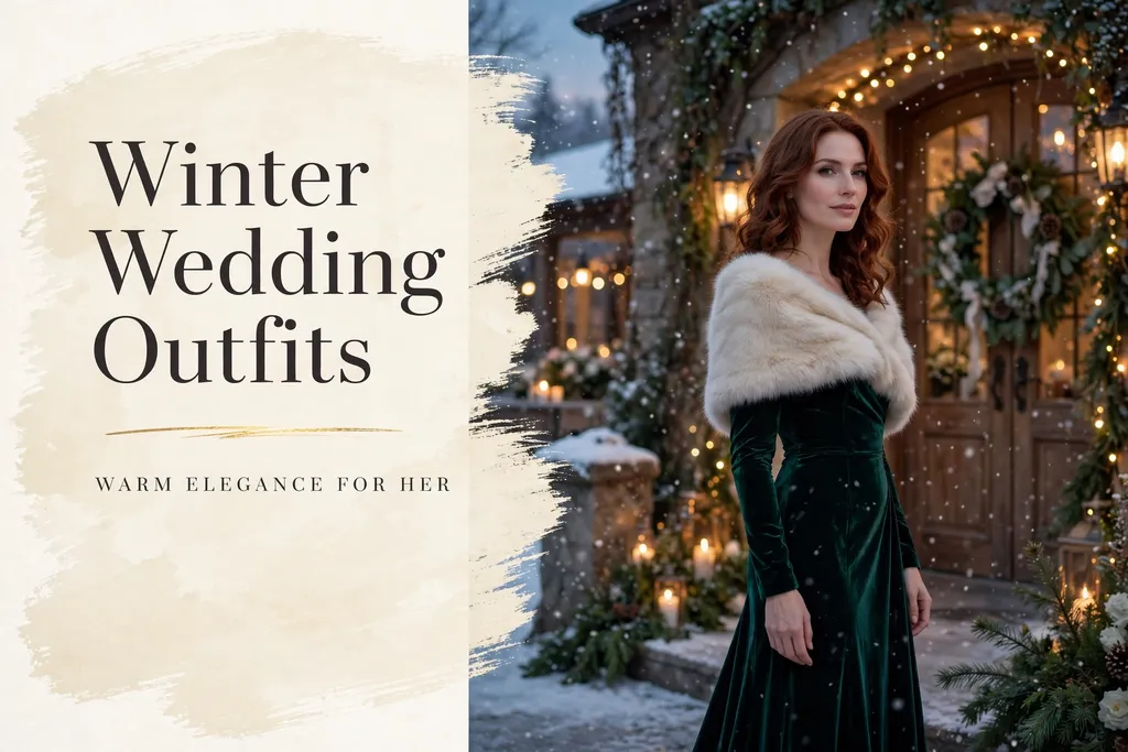 Winter wedding outfits for women, emerald velvet gown with faux fur stole at a snowy venue