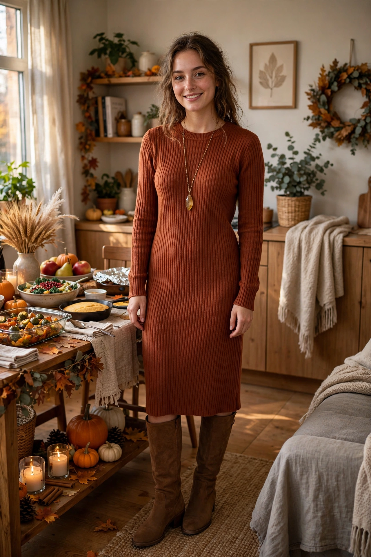 Casual potluck friendsgiving outfits with sweater dress and knee high boots