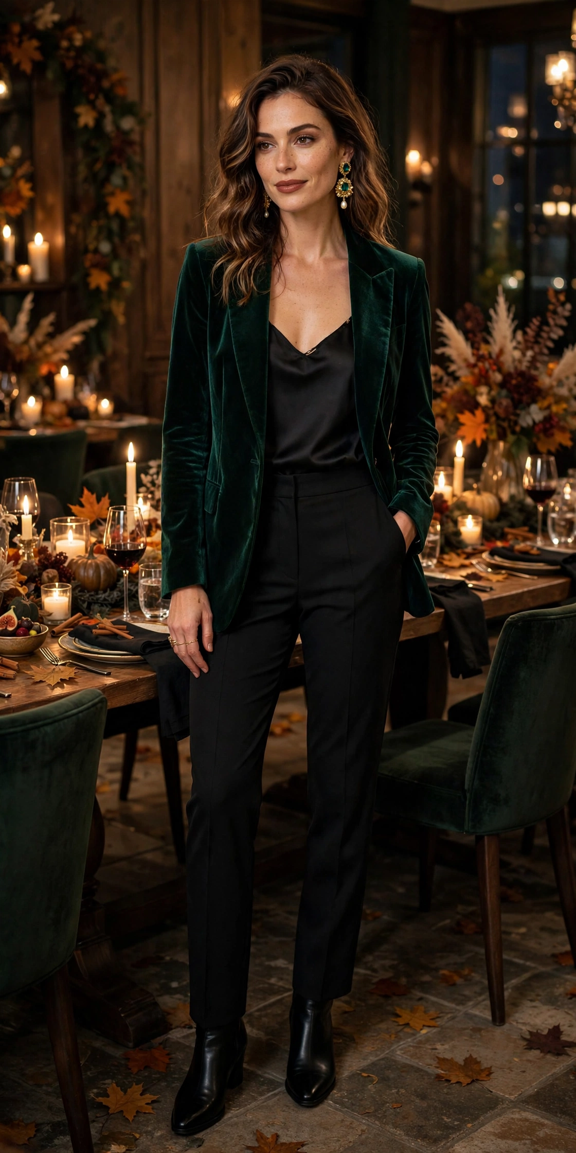 Dressy dinner friendsgiving outfits with velvet blazer and trousers