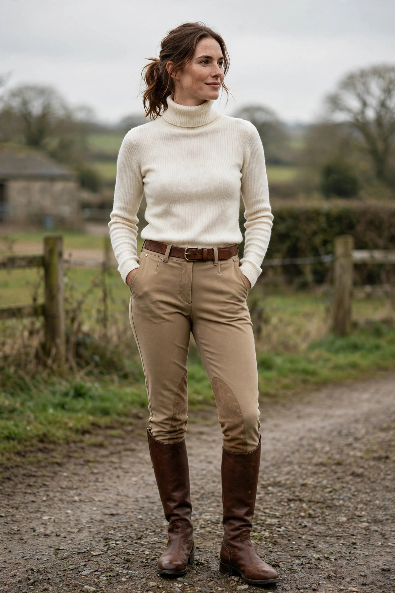 Jodhpur style trousers with a fitted turtleneck, a riding inspired look in equestrian outfits for women.