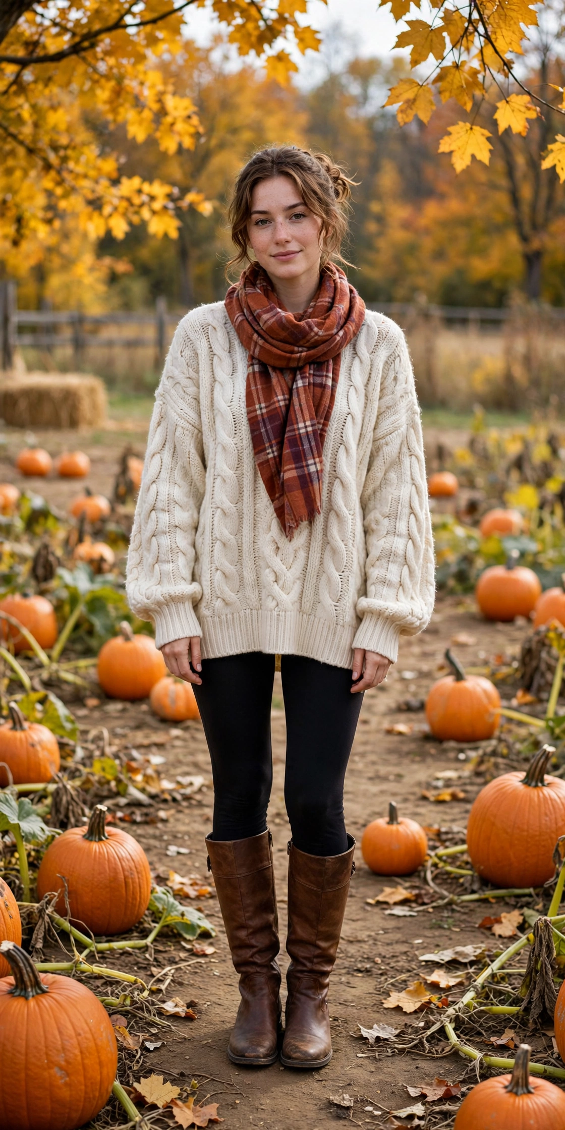 Chilly day pumpkin patch outfits with chunky knit sweater and scarf