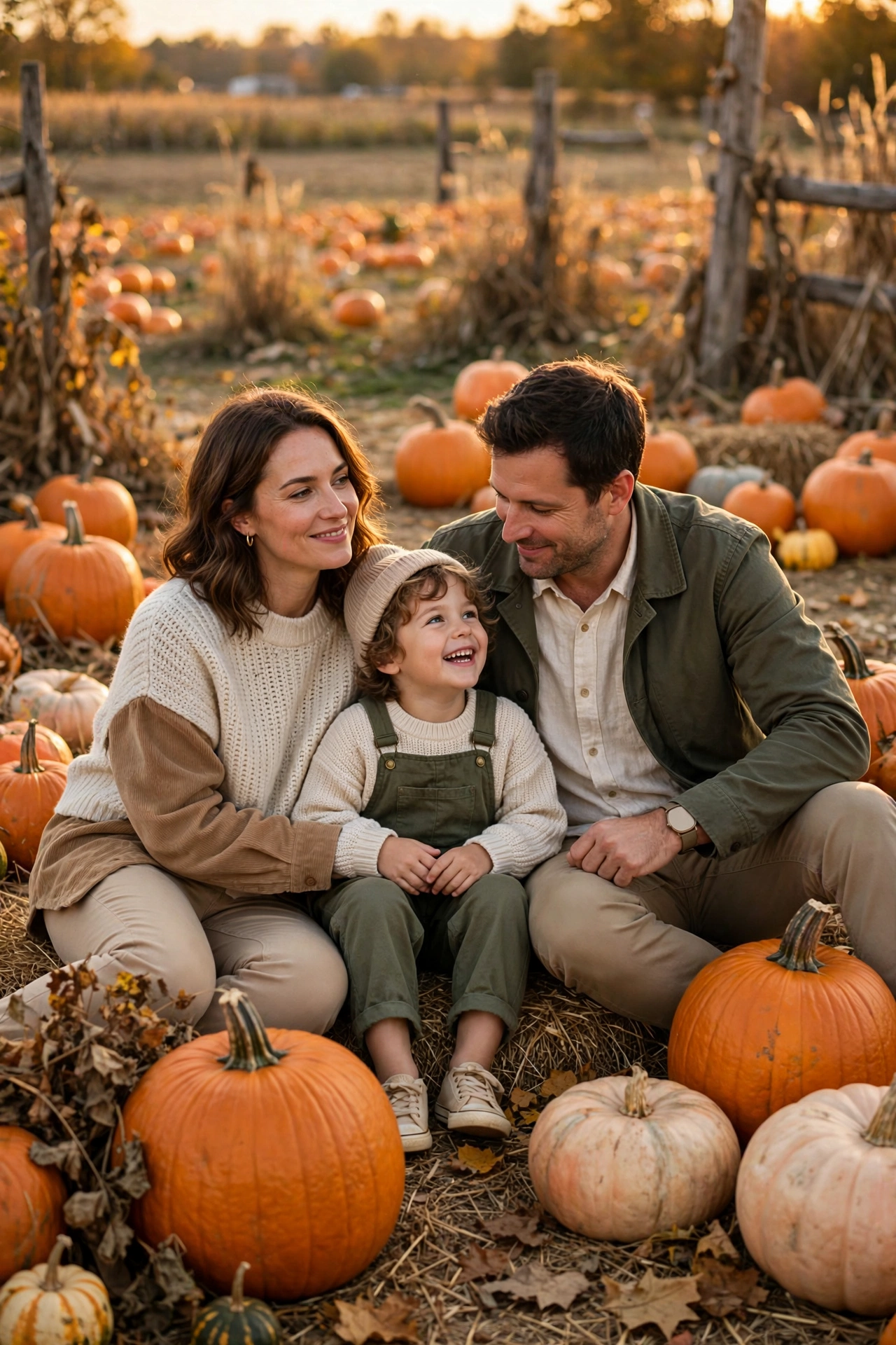 Family photo pumpkin patch outfits in coordinating fall colors