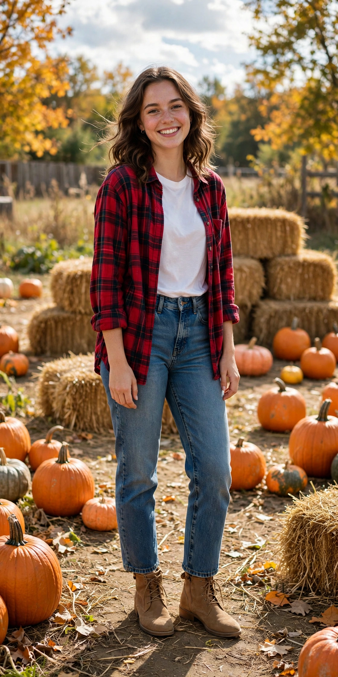 Warm day pumpkin patch outfits with flannel shirt and ankle boots