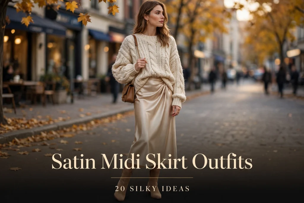 Satin midi skirt outfits for fall and winter