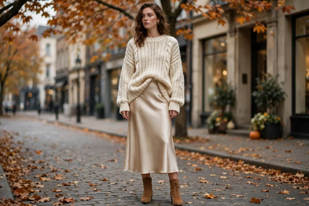 Satin midi skirt outfits with chunky knits and ankle boots