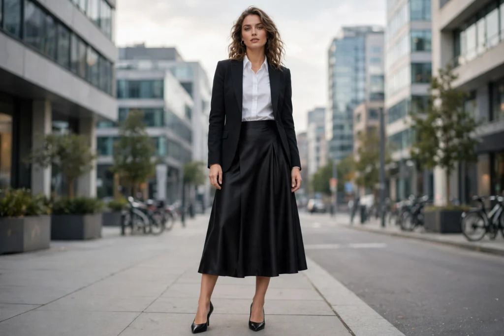 Polished satin midi skirt outfits with a blazer and pumps
