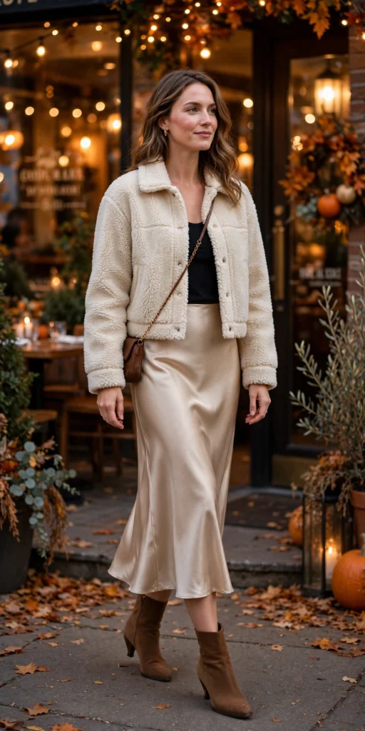 Dressed up sherpa jacket outfits with satin skirt and heeled boots