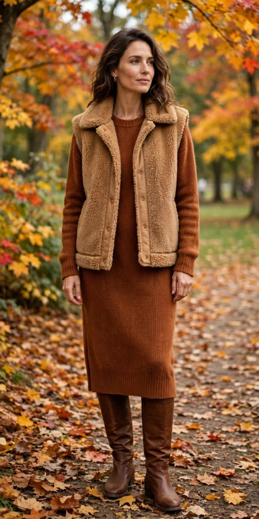 Sherpa jacket outfits with dresses and knee-high boots