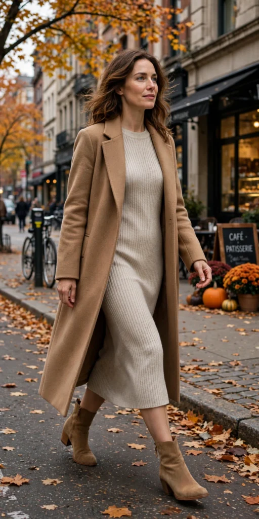 Sweater dress outfits with ankle boots and a long wool coat