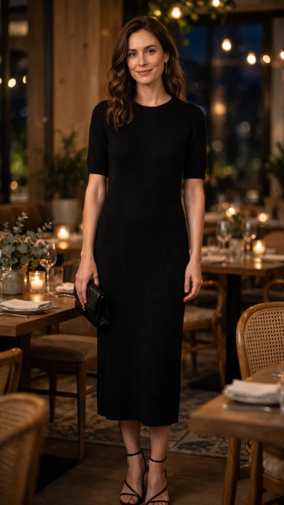 Evening sweater dress outfits with strappy heels and a clutch