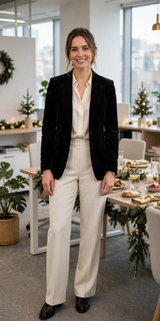 Daytime work holiday party outfits with velvet blazer
